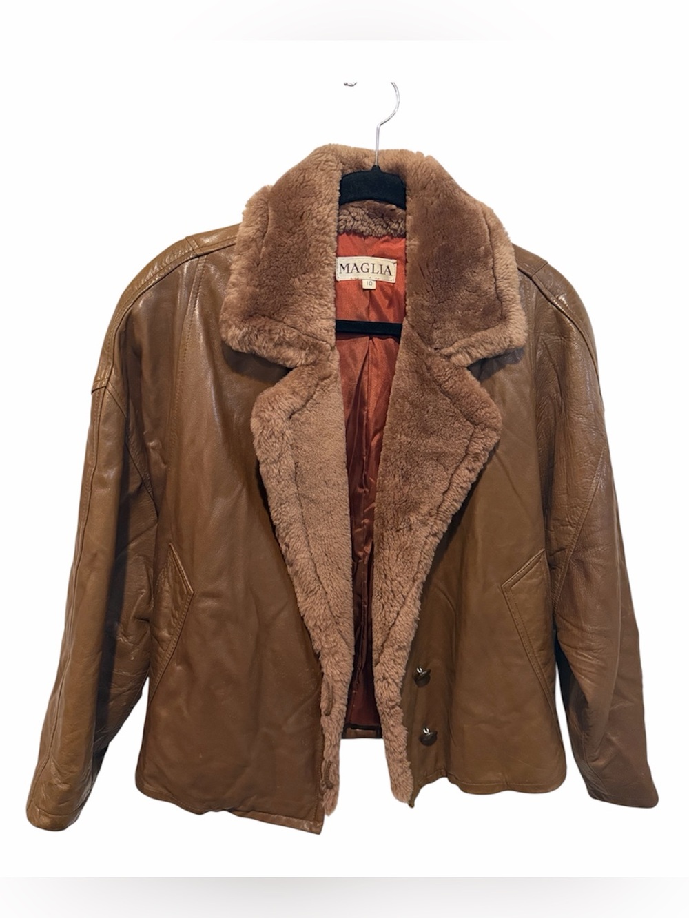 MAGLIA brown with faux fur  vintage leather jacket size 10